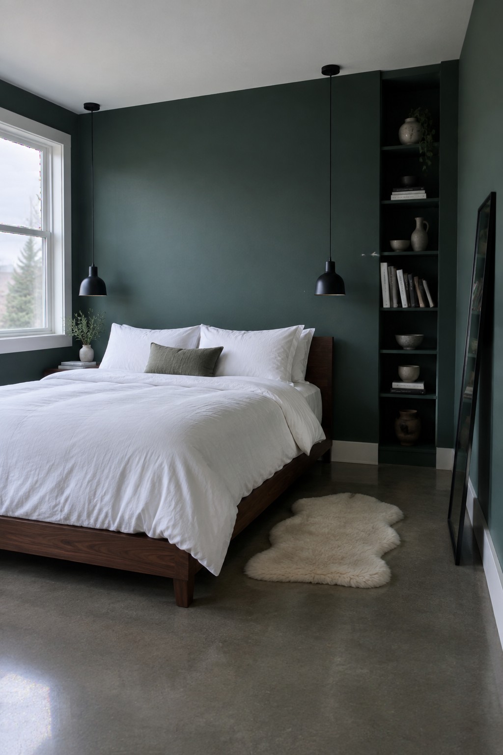 A bedroom with deep green walls, dark wood bed frame, and white bedding.