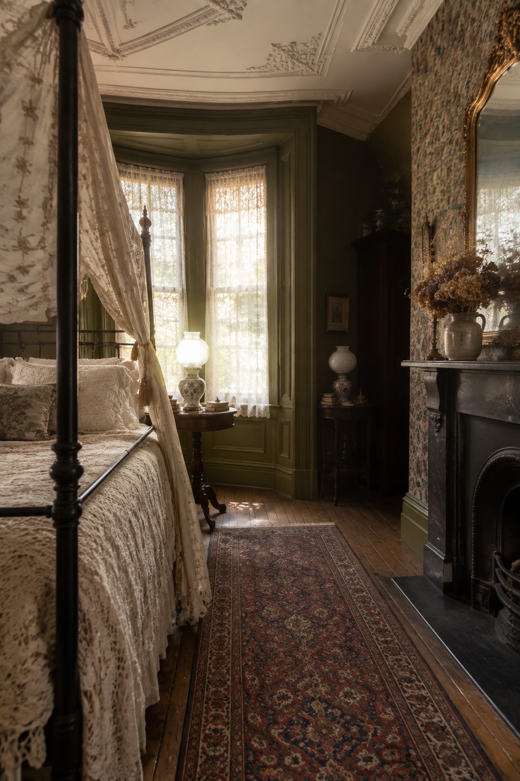 Victorian bedroom with lace-canopied bed, red patterned rug, green walls, and fireplace