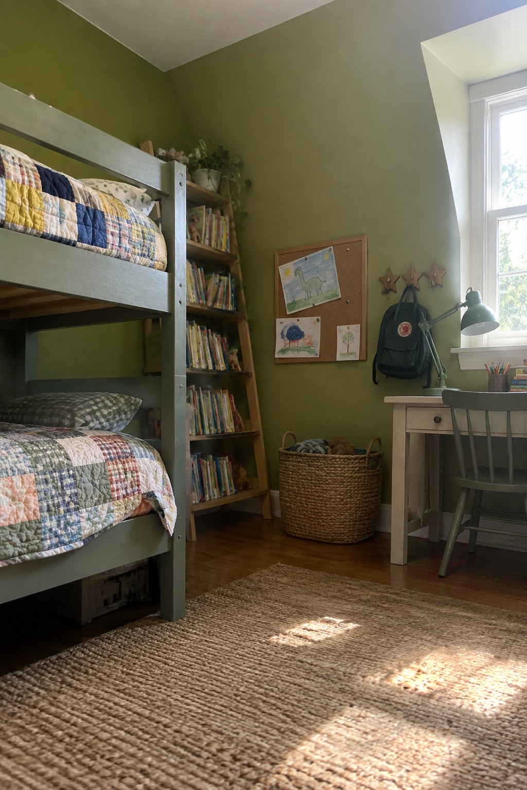Moss green walls in a bedroom with a wooden bunk bed and ladder bookshelf.