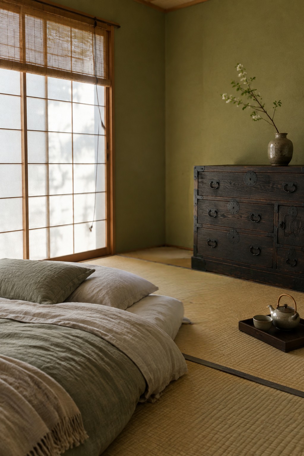 Serene Japanese room with rumpled linen bed, tatami mats, shoji window, and tansu chest.