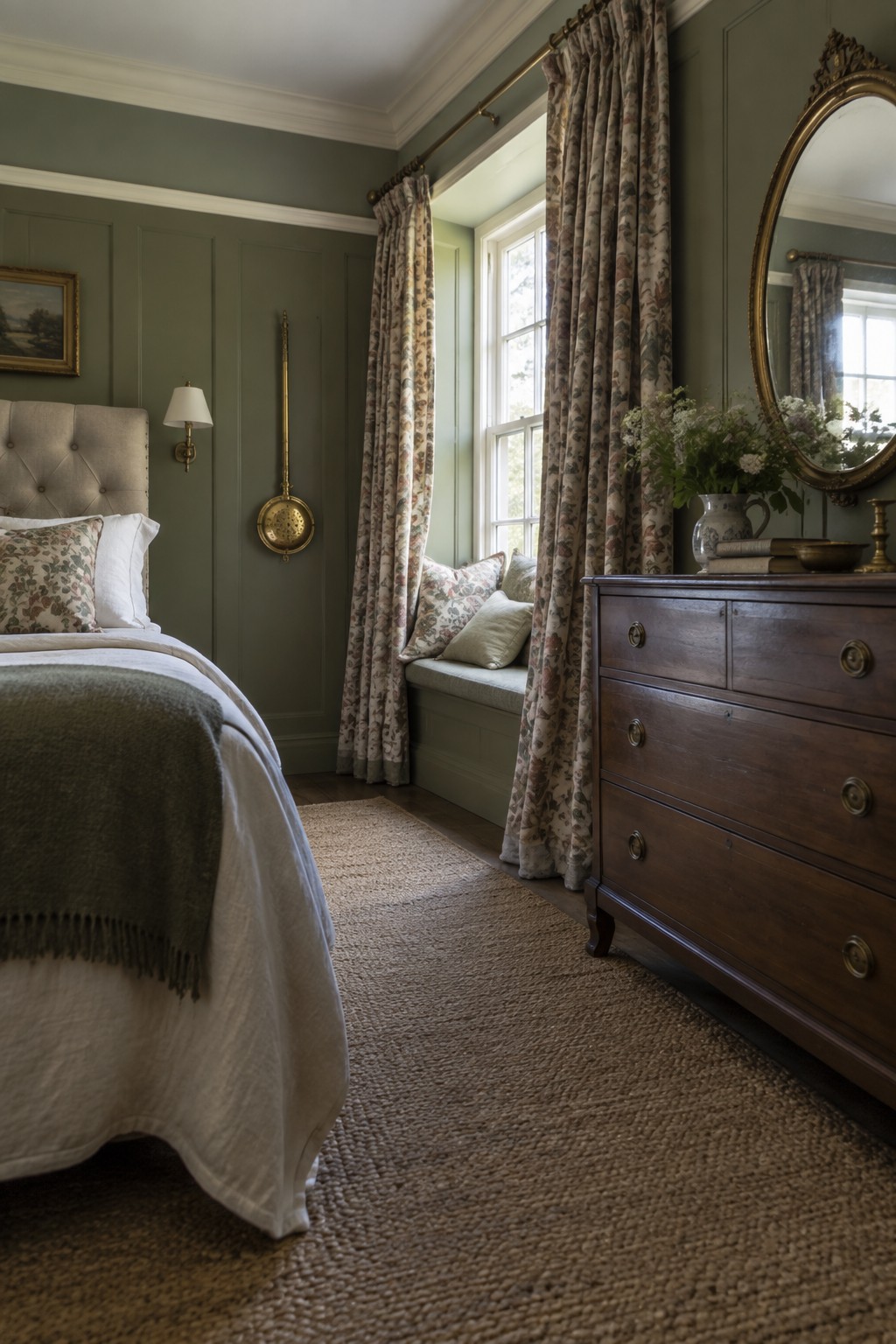 Sage green bedroom with tufted bed, floral curtains, wooden dresser, and woven rug.