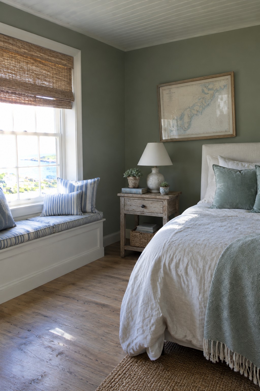 Cozy bedroom with sage green walls, white bed, nightstand, and ocean-view window seat.