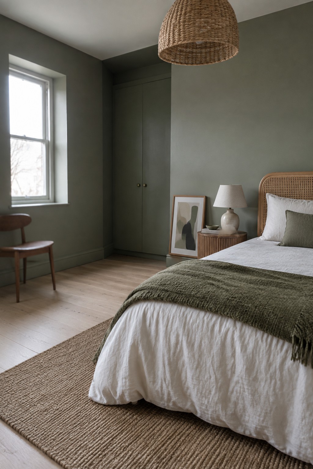 A bedroom featuring muted olive green walls paired with warm wood furniture and flooring.