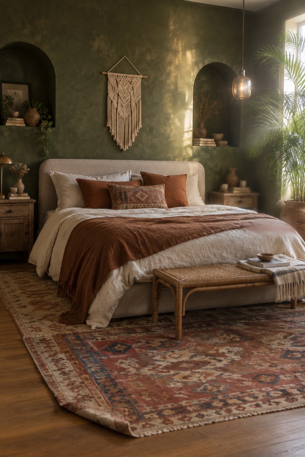 A bedroom with rich olive green textured walls and warm wood flooring.