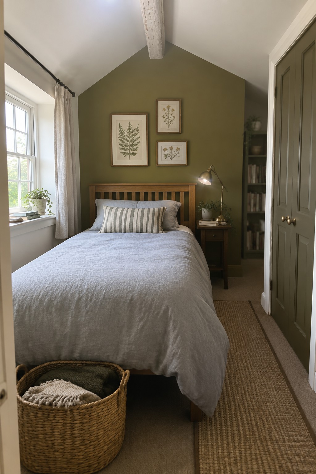 Bedroom walls painted in a muted olive green beside warm wood furniture.