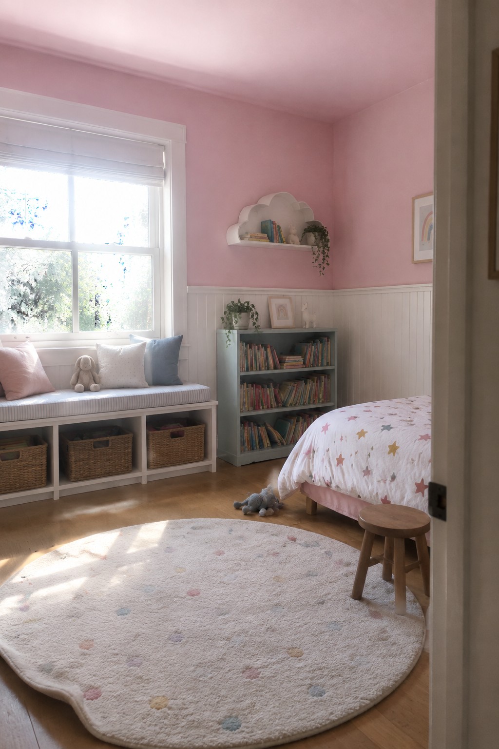 A bedroom with soft pink walls painted above white wainscoting.