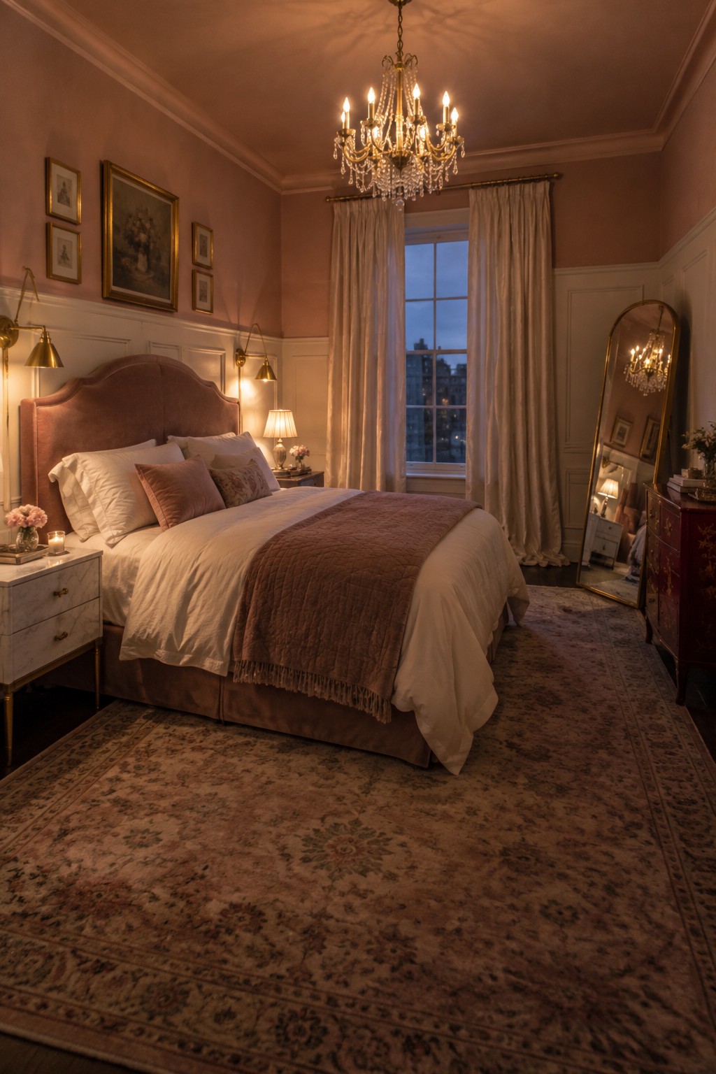 Soft dusty rose walls above white wainscoting in a bedroom with traditional trim.