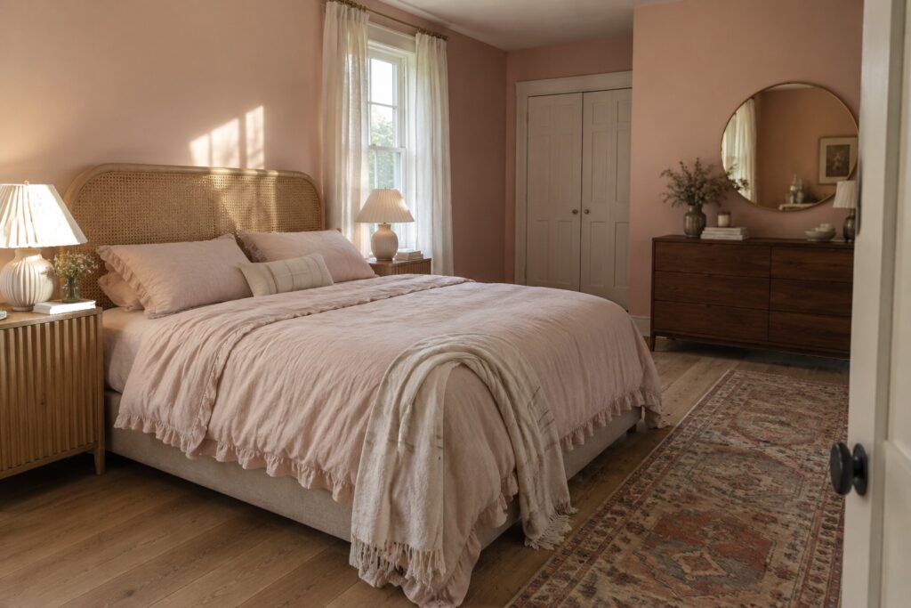 A bedroom featuring soft blush pink walls paired with warm wood furniture and flooring.
