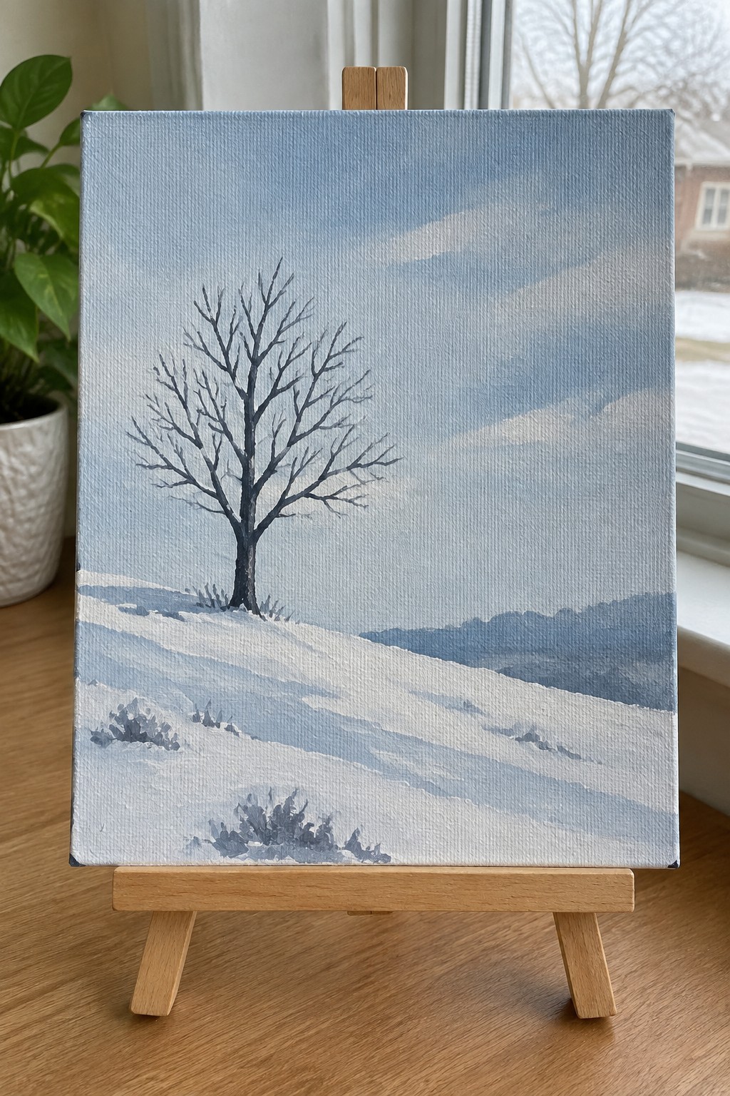 A canvas painting of a bare tree in a snowy field with distant hills under a light blue sky, displayed on a small wooden easel.