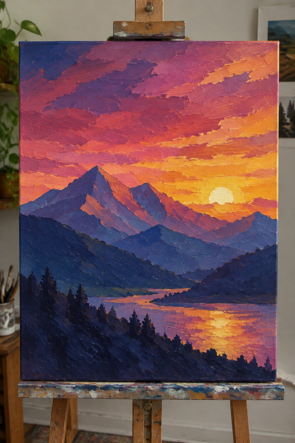 Thickly textured oil painting of vibrant sunset over purple mountains and glowing lake on easel