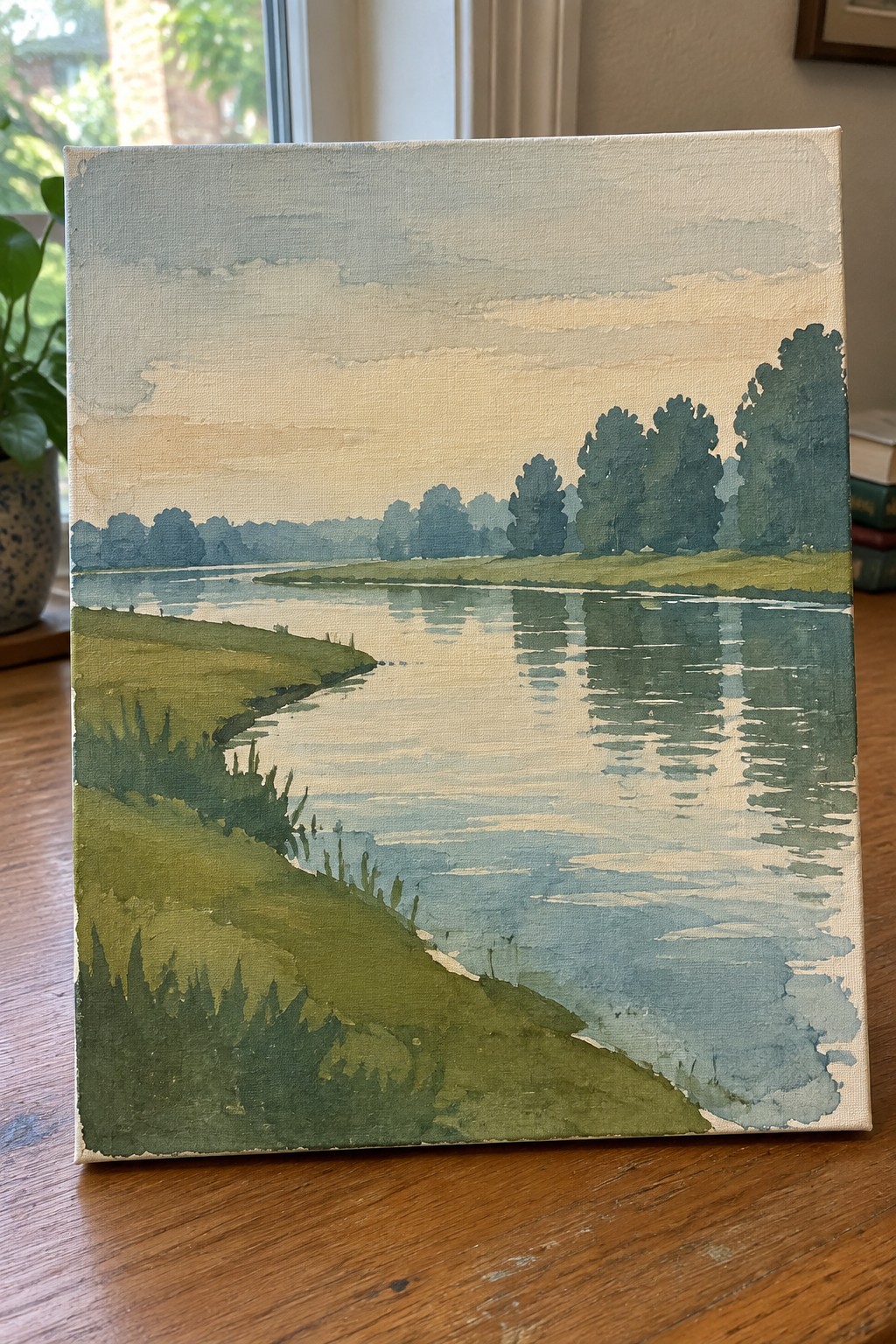 Watercolor landscape of calm river with reflections, green banks, and distant trees