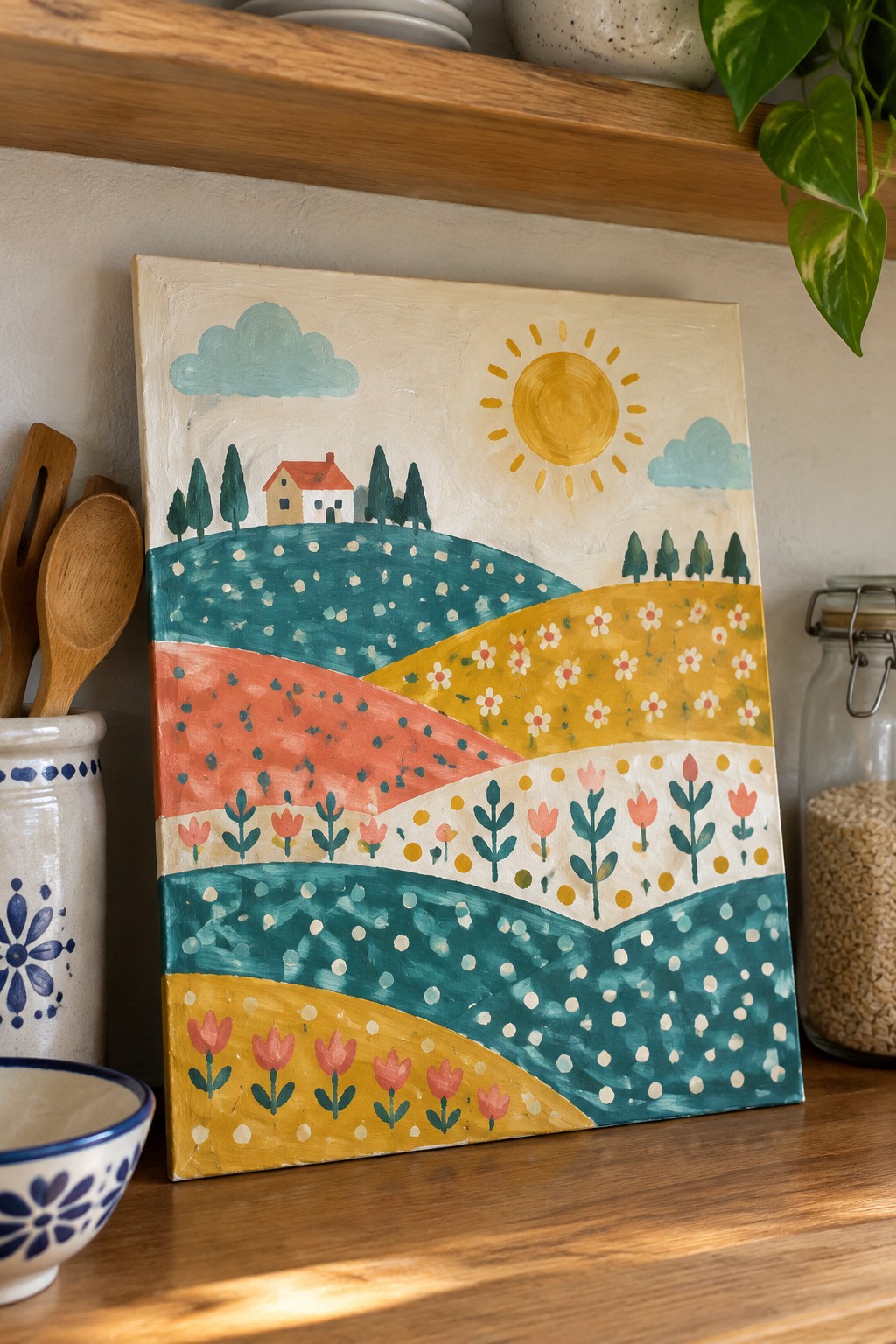 Colorful folk art painting of rolling hills, flowers, sun, and house on kitchen counter