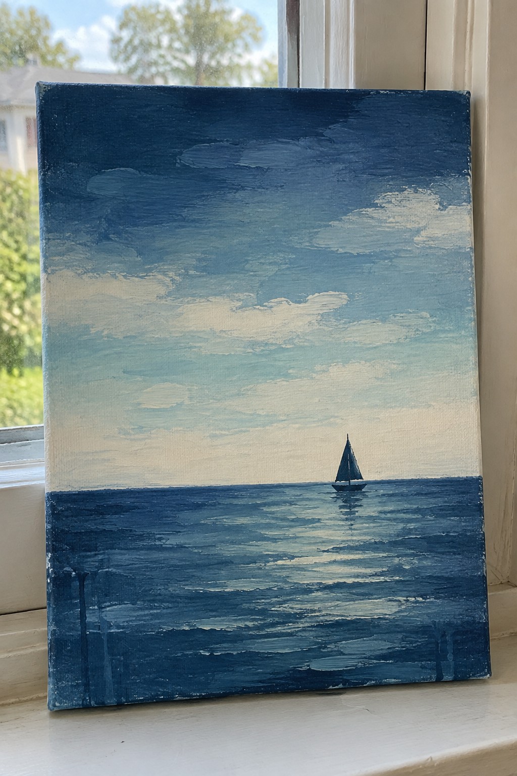 Blue-toned seascape painting of lone sailboat on wavy ocean, propped on windowsill.