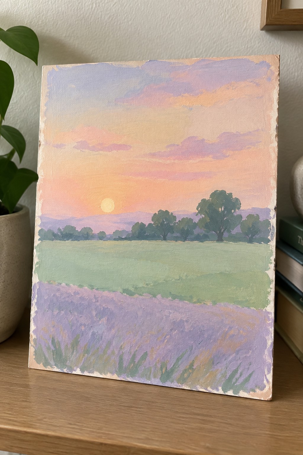 Pastel sunset landscape painting with purple lavender field, green meadow, and trees