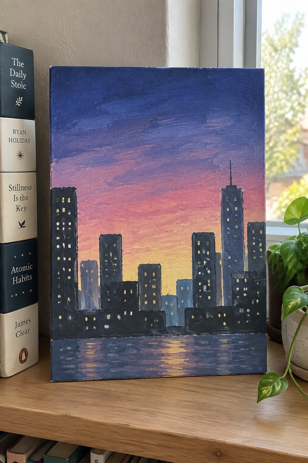 Painting of sunset city skyline with lit windows beside books and plant on wood