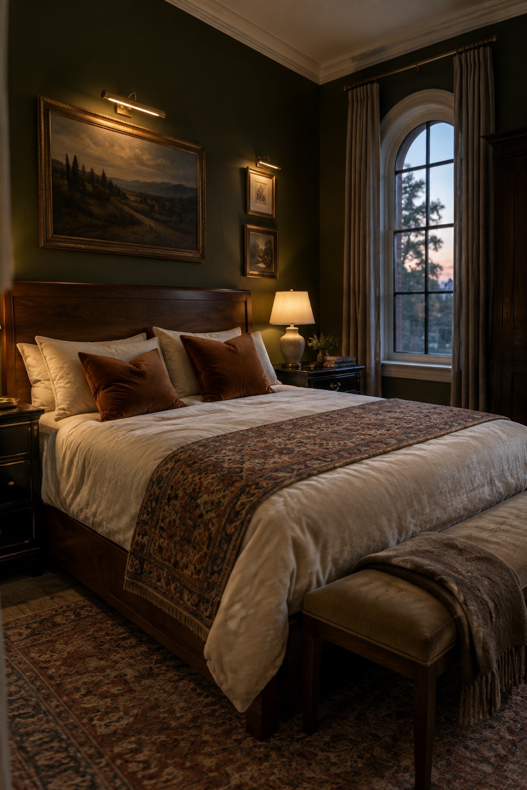 Luxurious bedroom with dark green walls, large bed in white and brown, arched window.