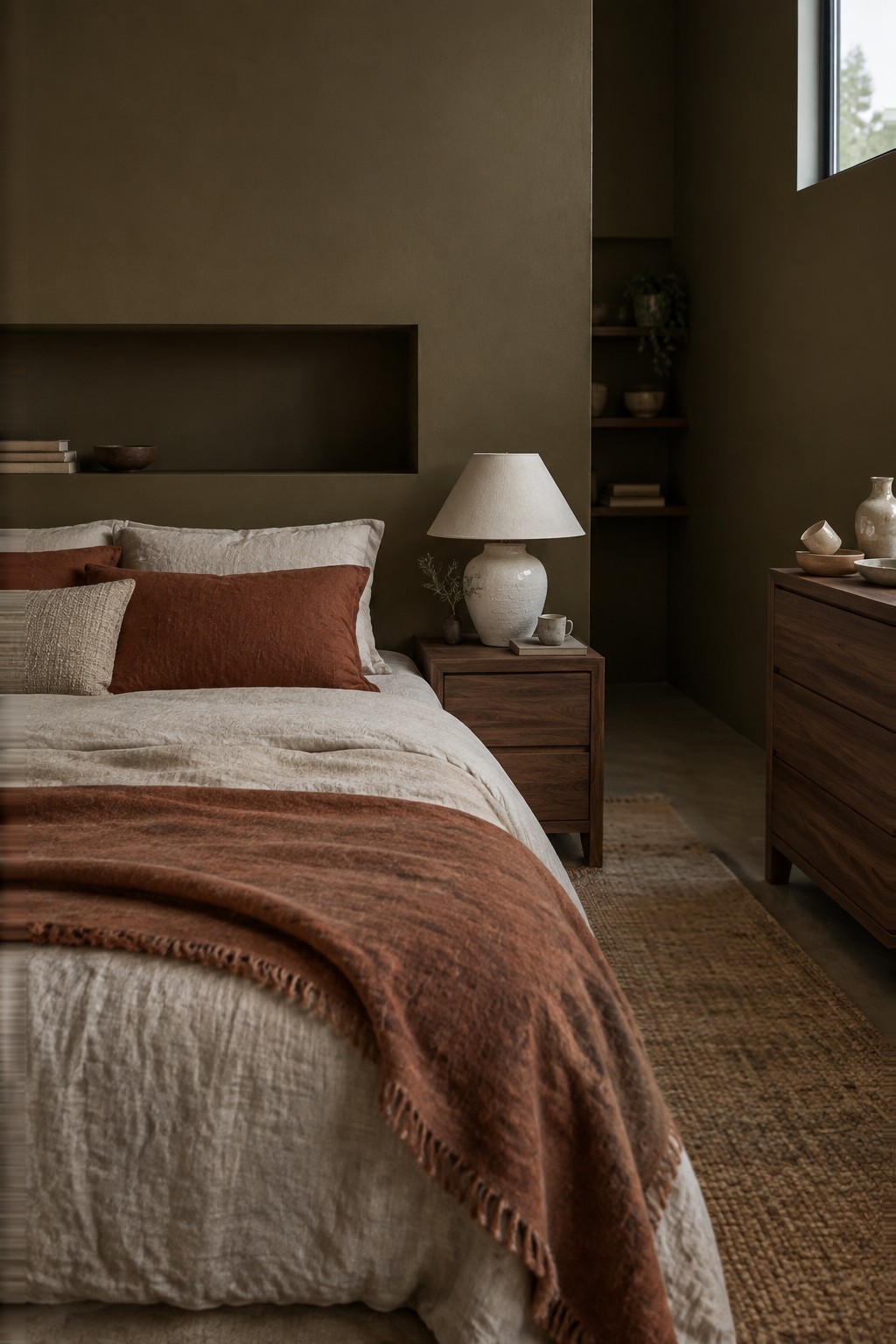 A bedroom featuring deep olive green walls next to a wooden nightstand.