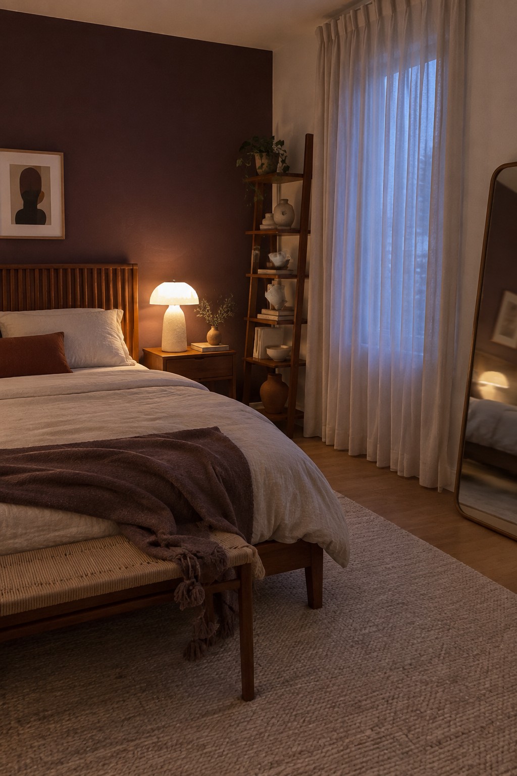A bedroom featuring deep warm brown walls paired with honey-toned wood furniture.
