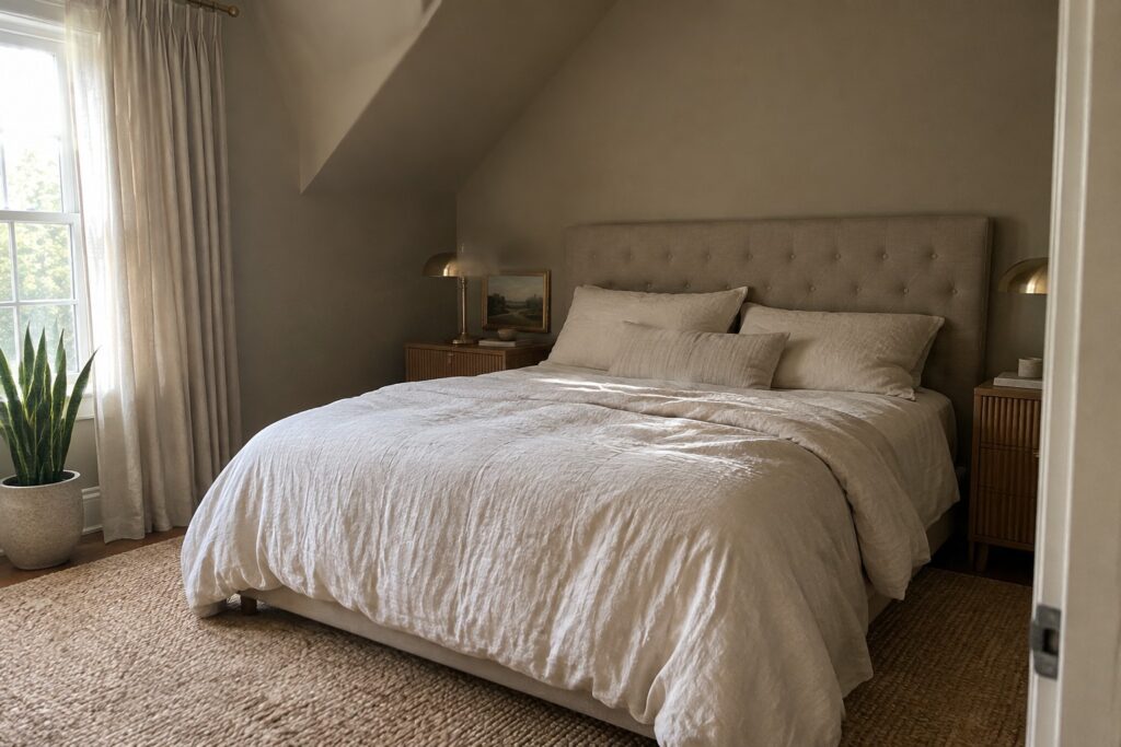 Cozy neutral bedroom with rumpled white linens on tufted bed over woven rug.