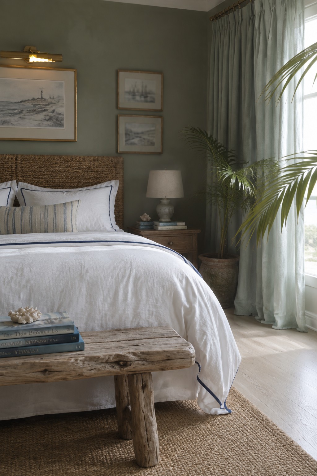 Coastal bedroom with white bed, woven headboard, wooden bench, green walls, and potted palm.