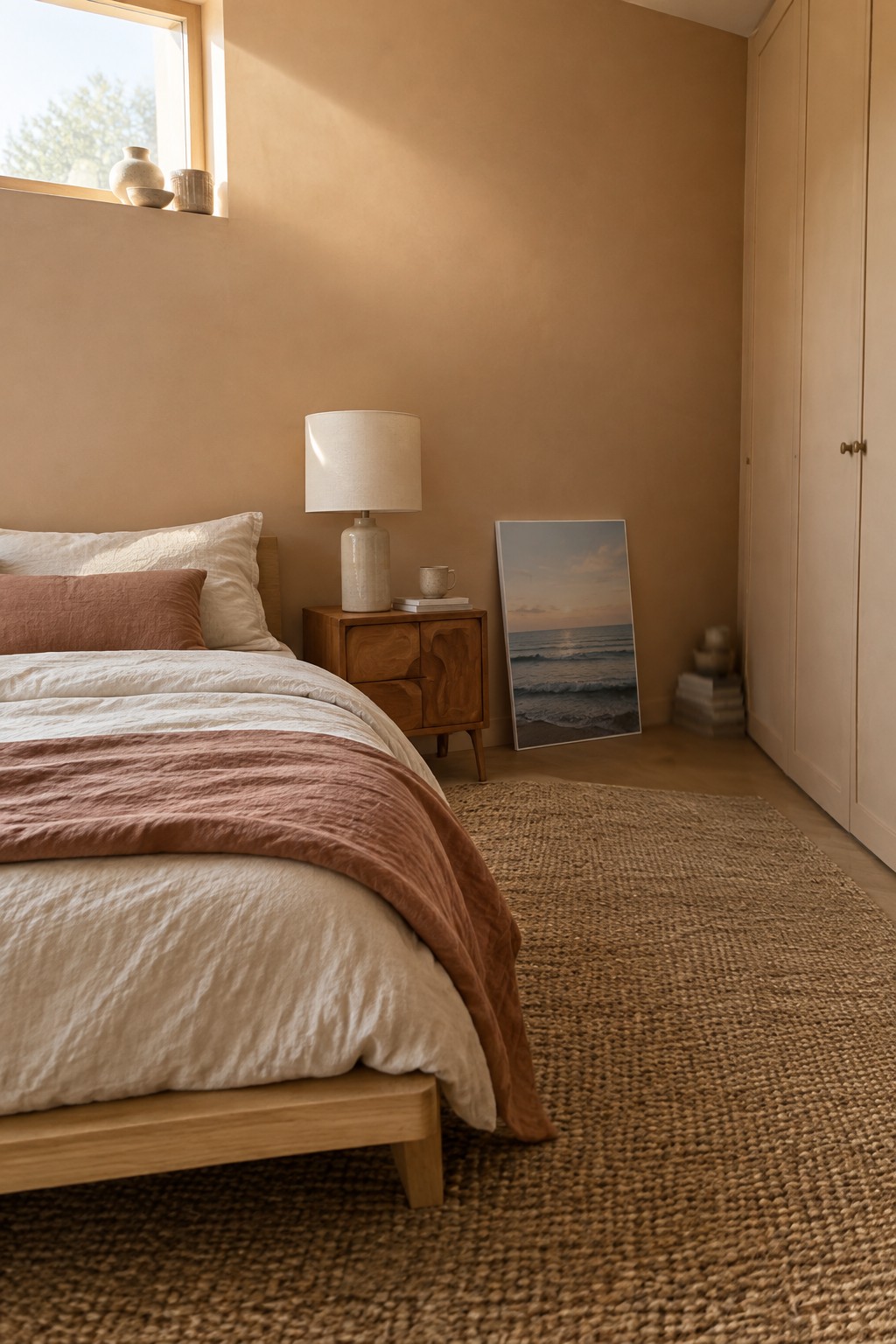 Cozy bedroom with wooden bed, neutral linens, nightstand, ocean print, and woven rug.