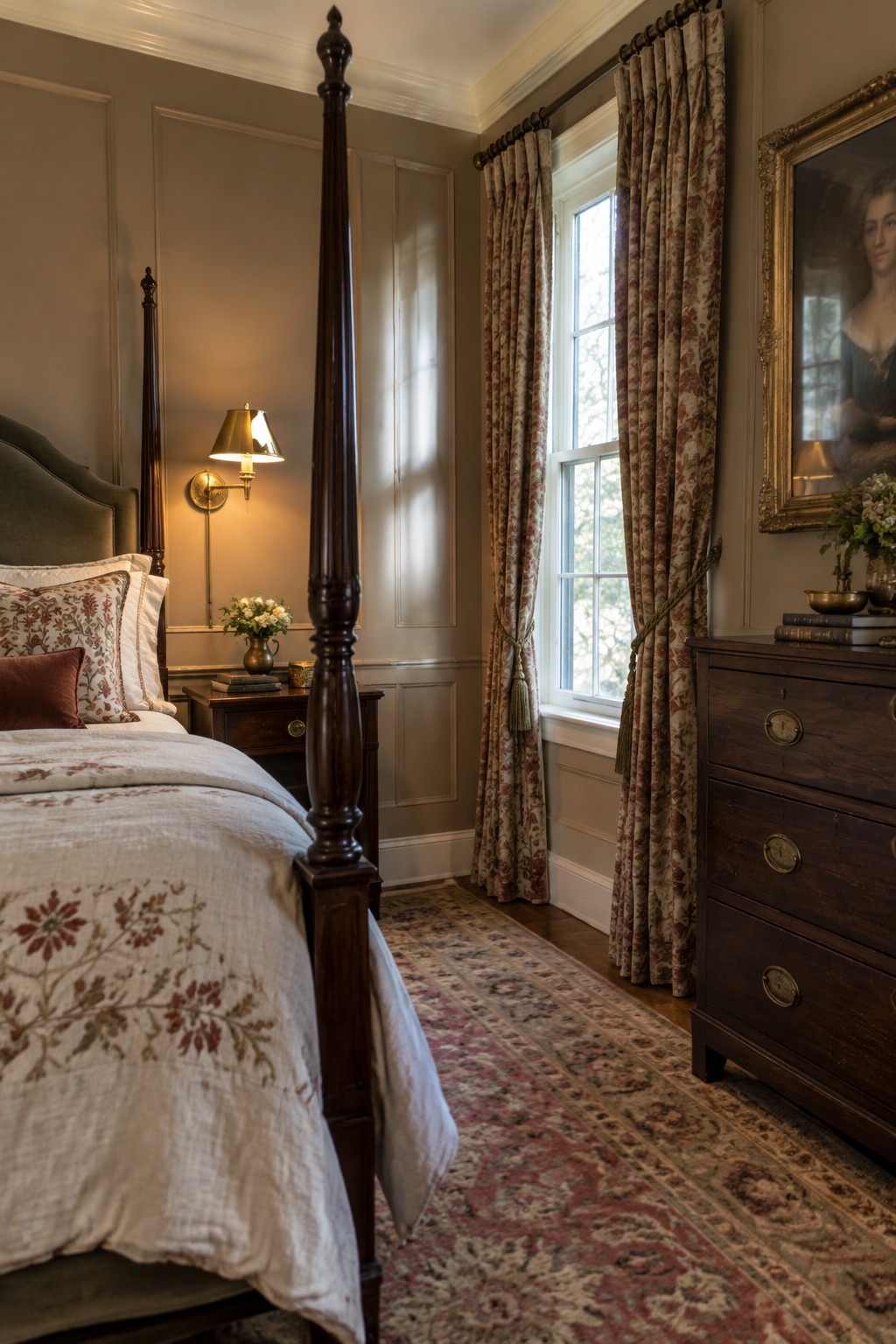 Warm greige bedroom walls paired with dark wood furniture and paneling.