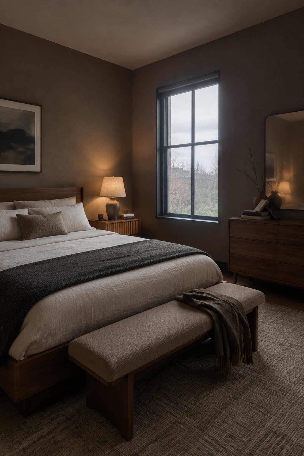 A bedroom featuring warm taupe walls paired with dark wood furniture.