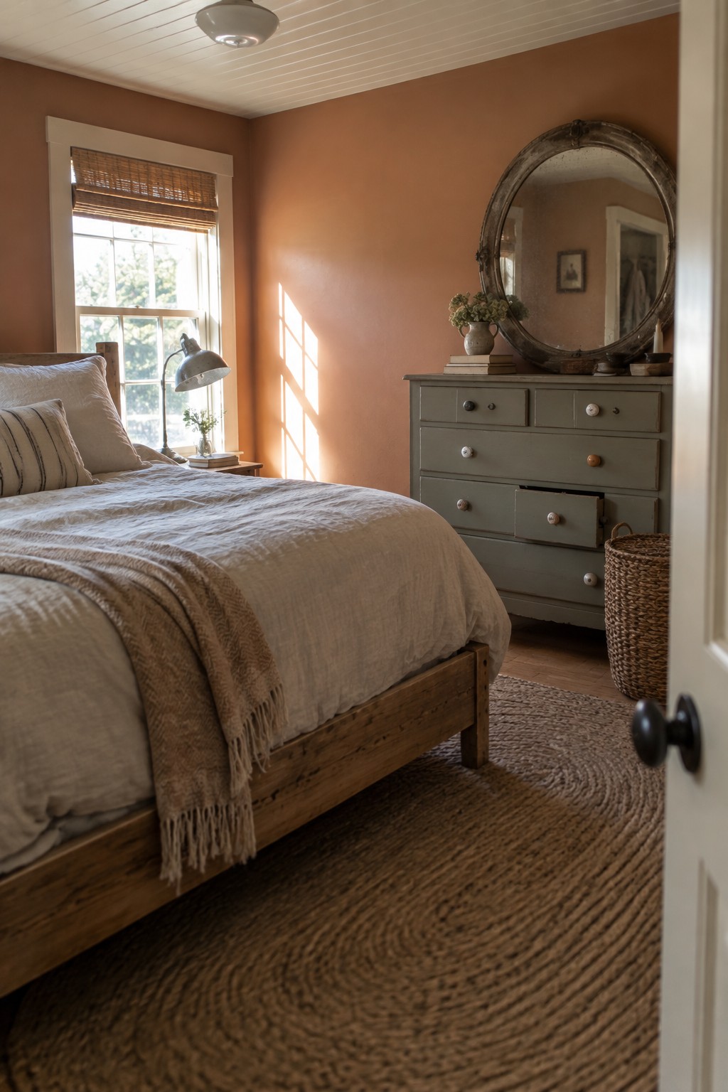 Bedroom walls in a warm terracotta shade next to a wooden bed frame.