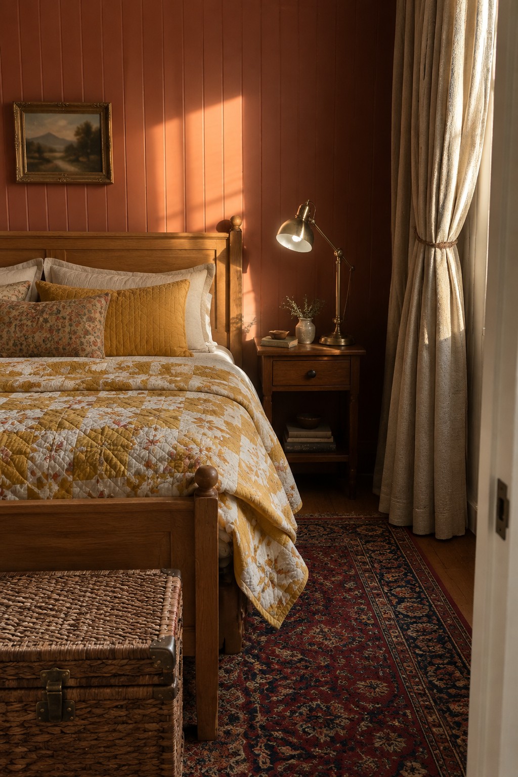 A bedroom with warm terracotta walls and wood furniture in low light.