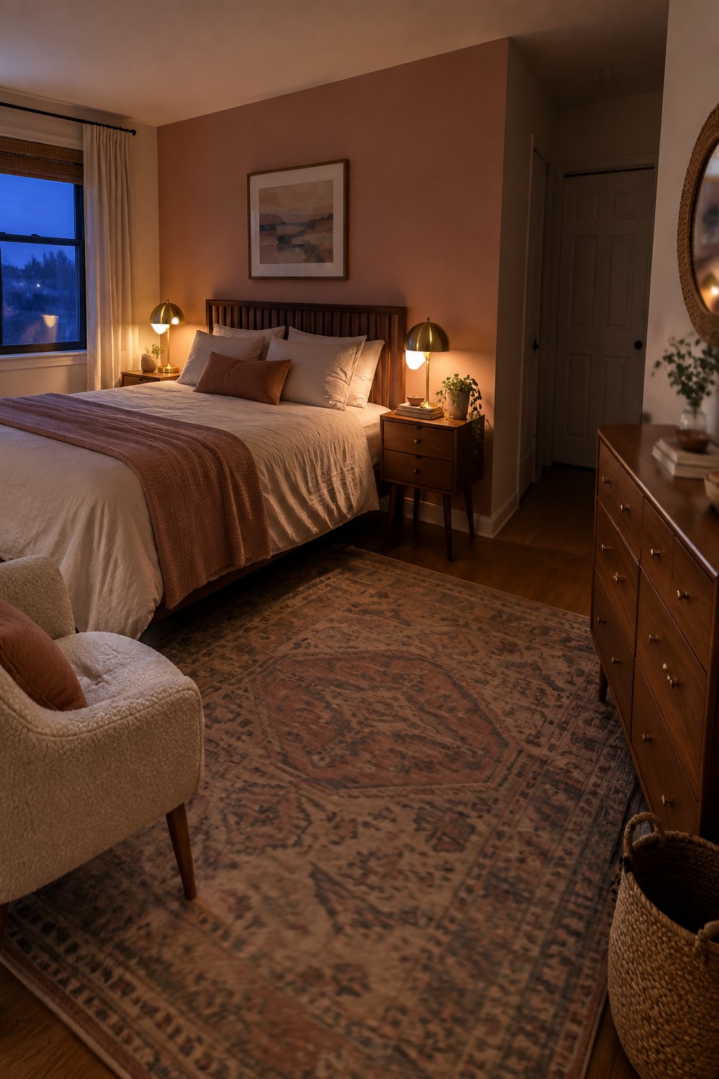 Cozy bedroom with wooden bed, patterned rug, brass lamps, and pink walls.