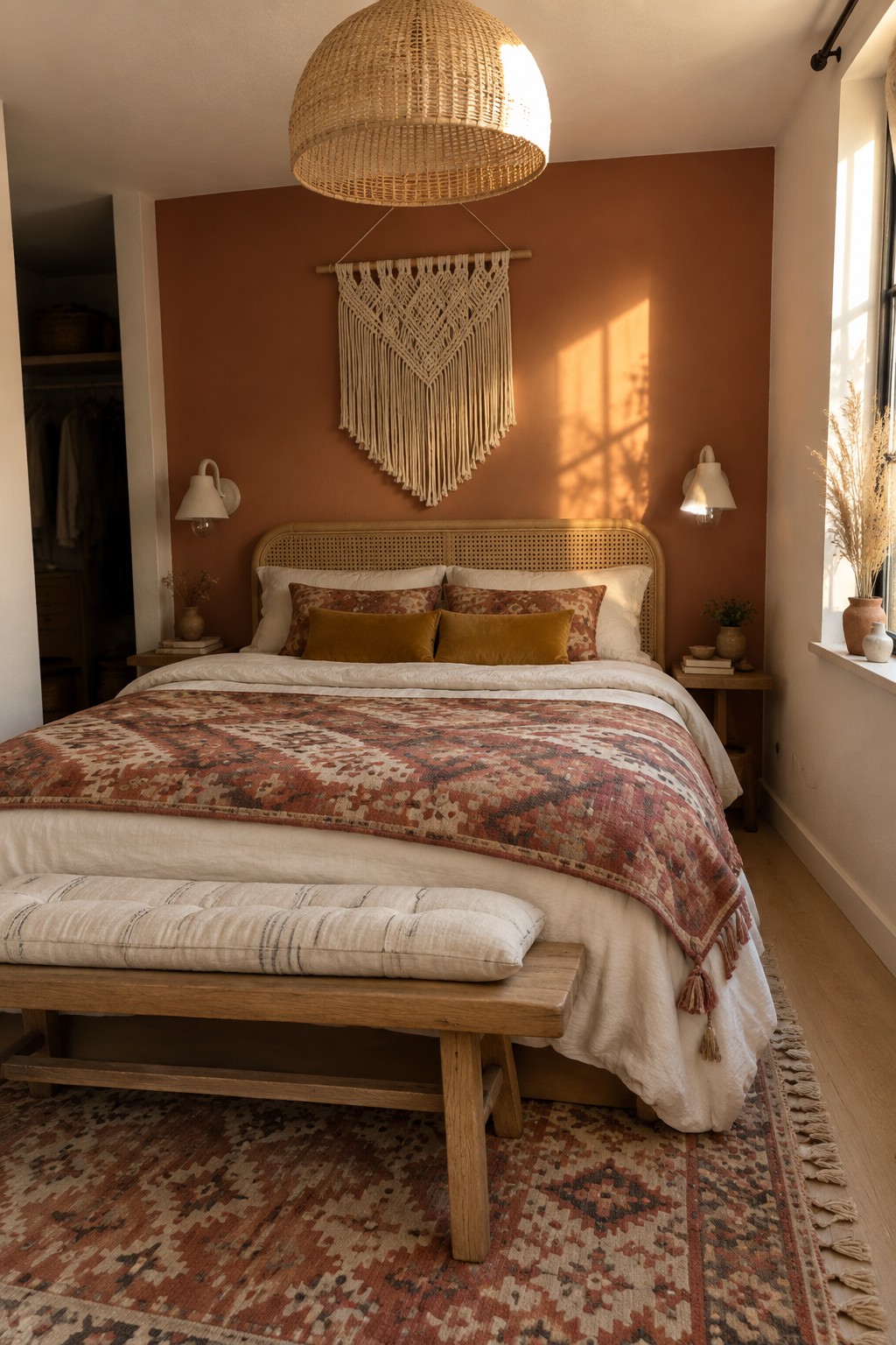 A warm terracotta accent wall behind a wooden bed in a bedroom.