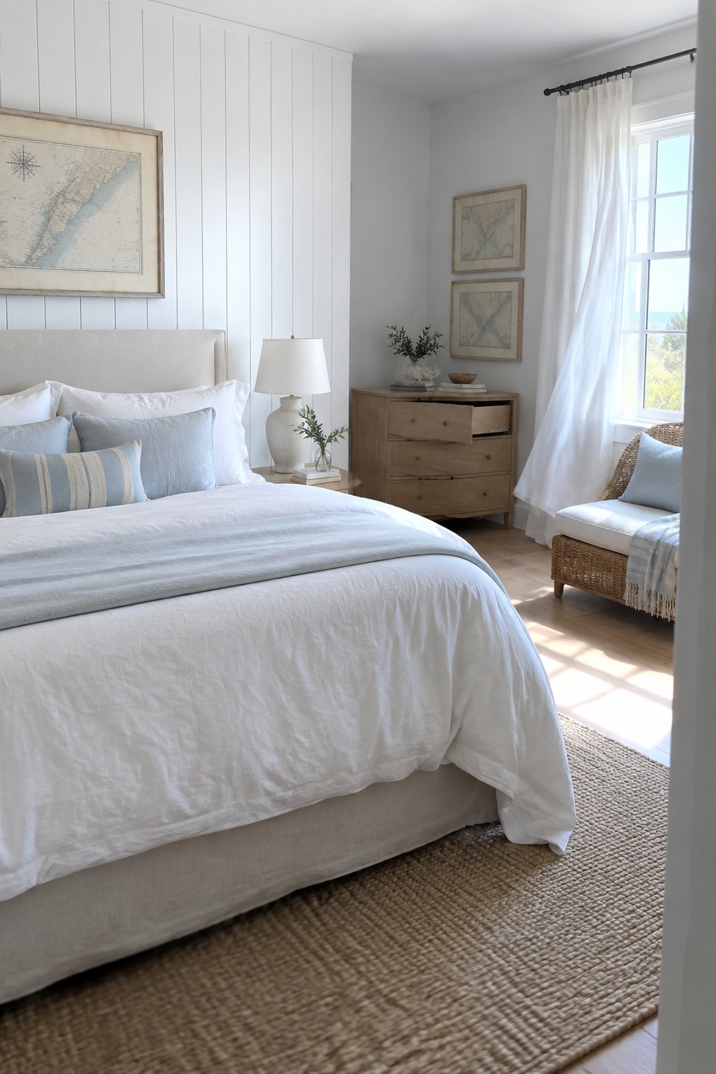 White walls painted in a true white shade in a bright bedroom with light wood furniture.
