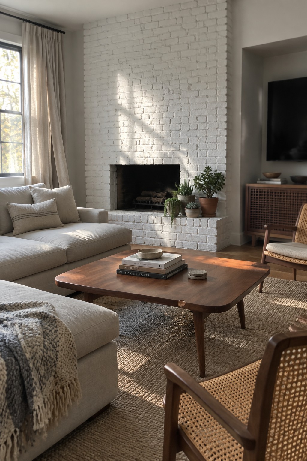 A bright white painted brick fireplace wall in a living room with wood accents.