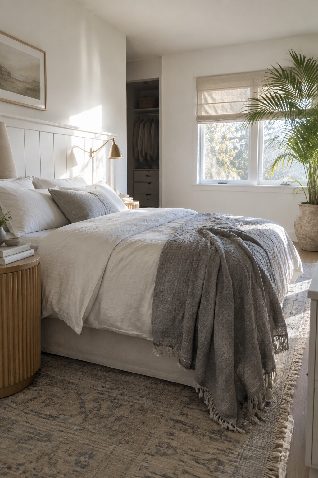 Bright white walls and wainscoting in a sunlit bedroom with warm wood furniture.