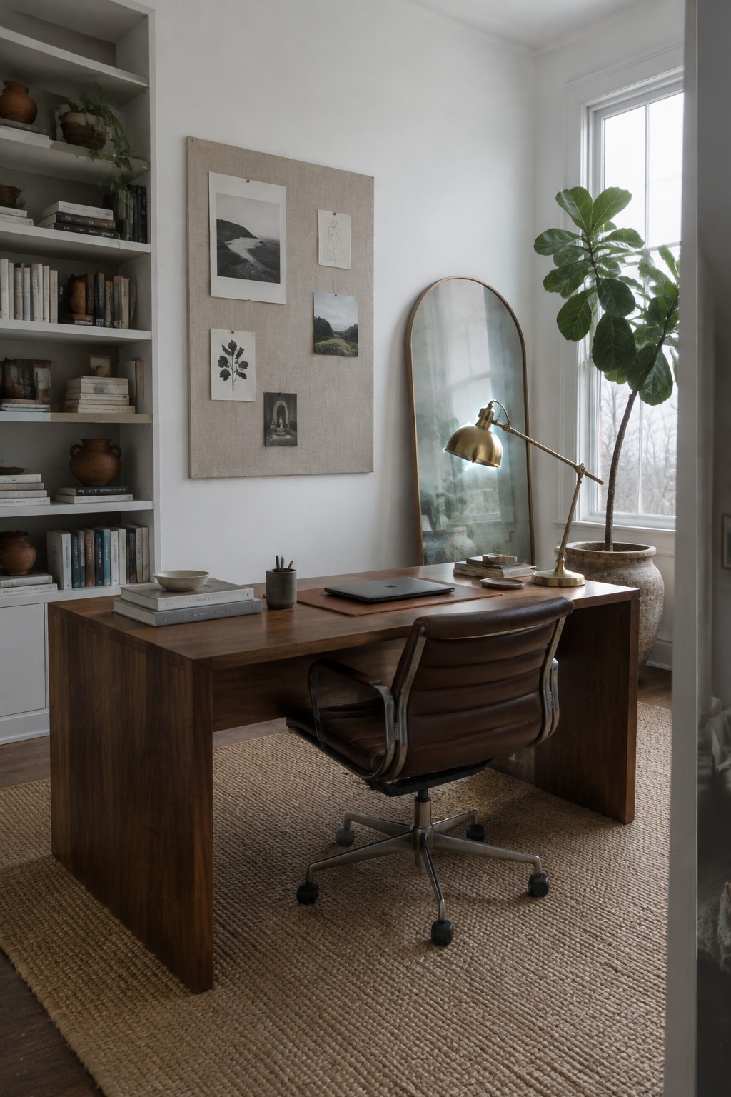 Bright white walls in a home office with warm wood built-in shelving.