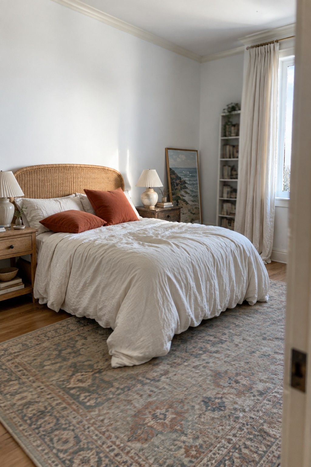 Bright white walls in a bedroom with warm wood furniture and a patterned rug.