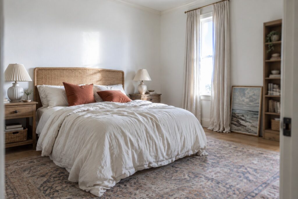 16 True White Paint Colors for Walls for a Clean, Bright Look Bright white walls in a bedroom with warm wood furniture and a patterned rug.