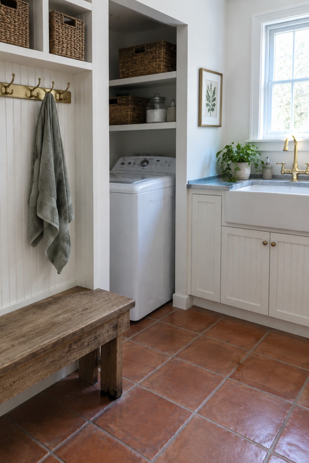 White laundry room with washer, wooden bench, terracotta tiles, sink, and woven baskets.