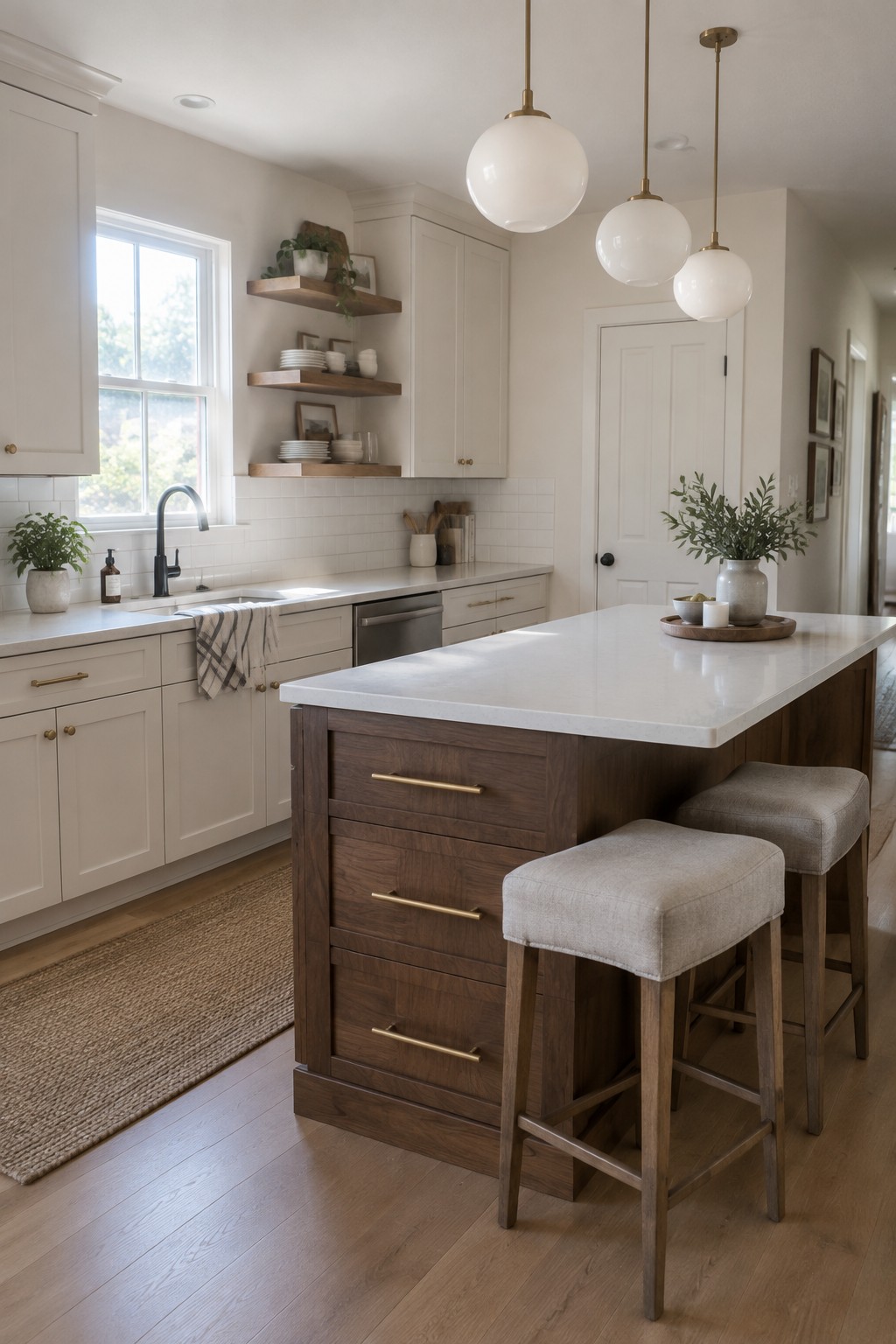 A bright white kitchen with walls and cabinets painted in a true white shade next to a dark wood island.