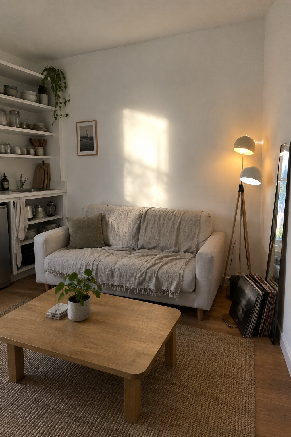 Bright white walls in a living room with wood flooring and a low coffee table.
