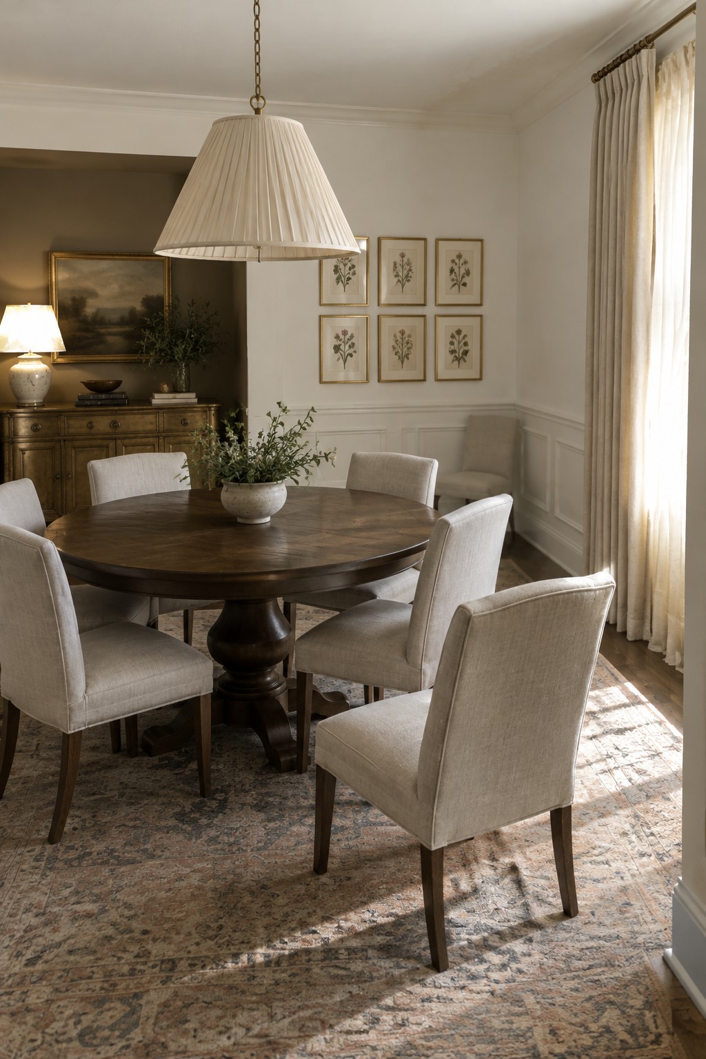 Round wooden dining table with beige chairs, pendant light, and botanical prints.