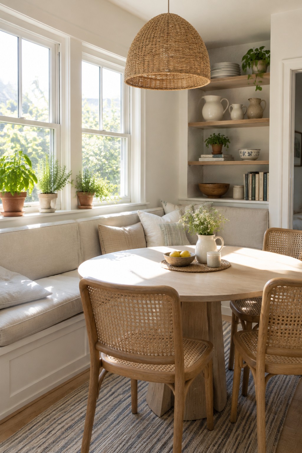 Bright white walls and built-in bench in a sunny dining nook with wood furniture.