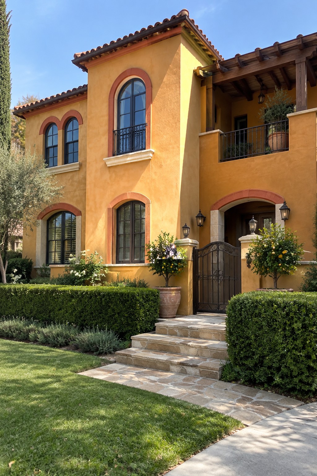 Yellow stucco Mediterranean house with arched windows, stone steps, and iron gate.