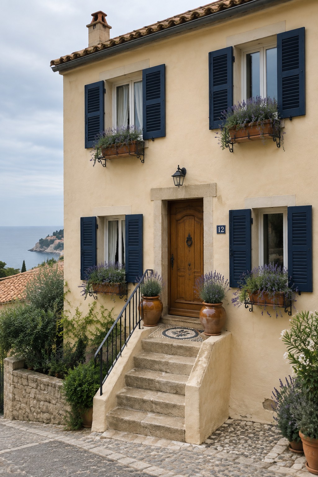 Warm beige stucco walls on a Mediterranean house with terracotta roof tiles.