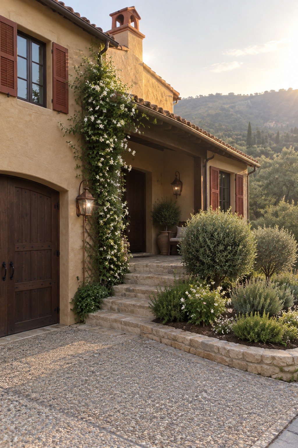 Warm beige stucco exterior of a Mediterranean-style home with terracotta roof tiles and stone steps.