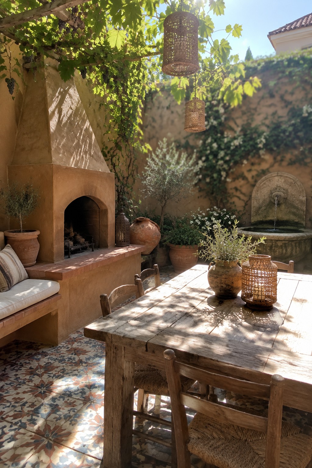 Warm beige stucco walls and fireplace in a sunny courtyard with terracotta pots and wood furniture.