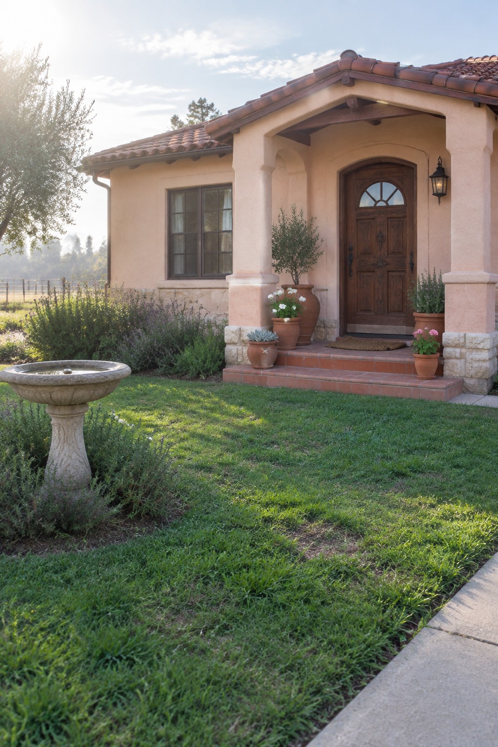 Beige stucco house with terracotta roof, wooden door, potted plants, and birdbath.