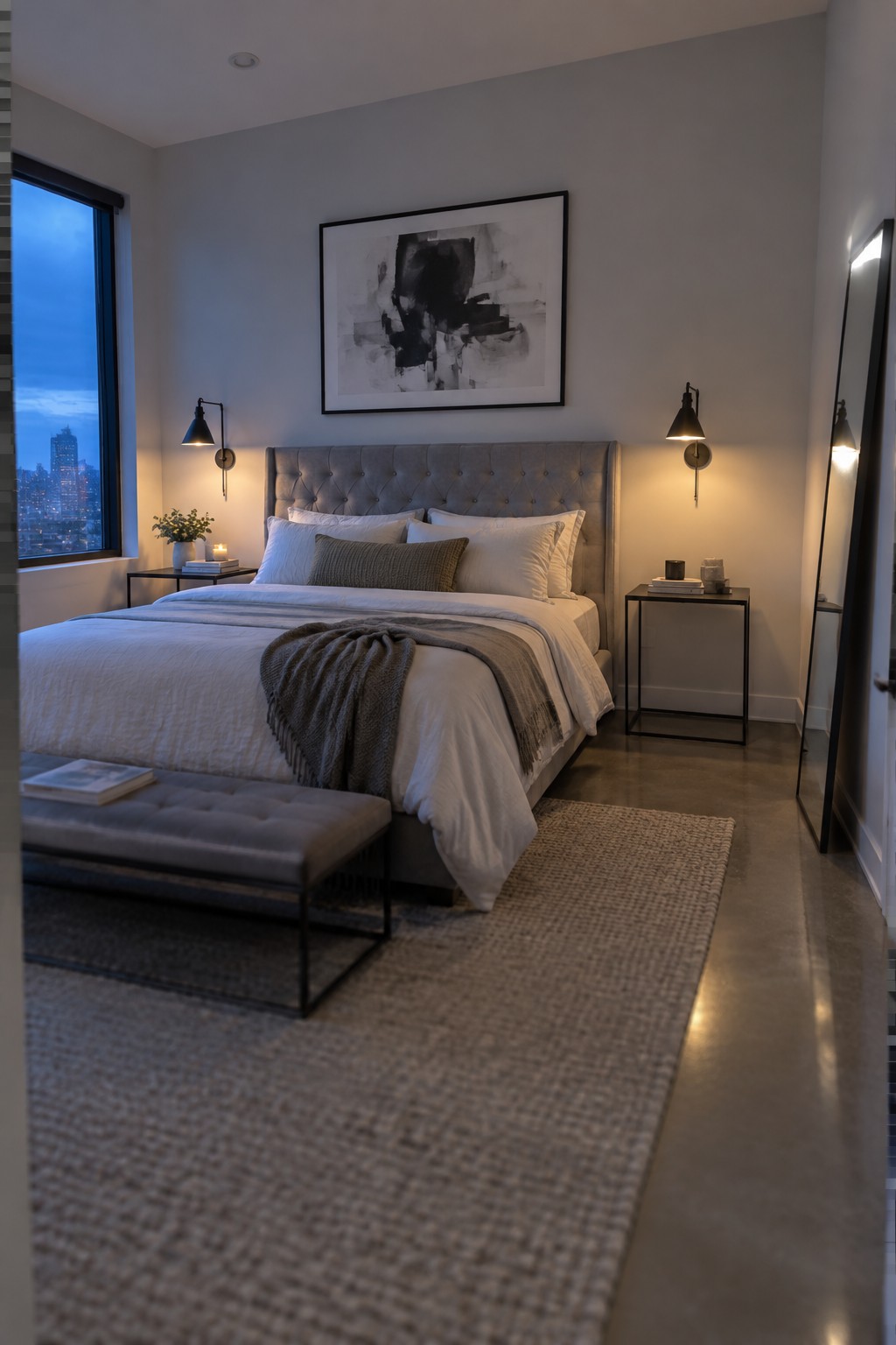 Modern bedroom with gray tufted bed, white linens, abstract art, and city view window.