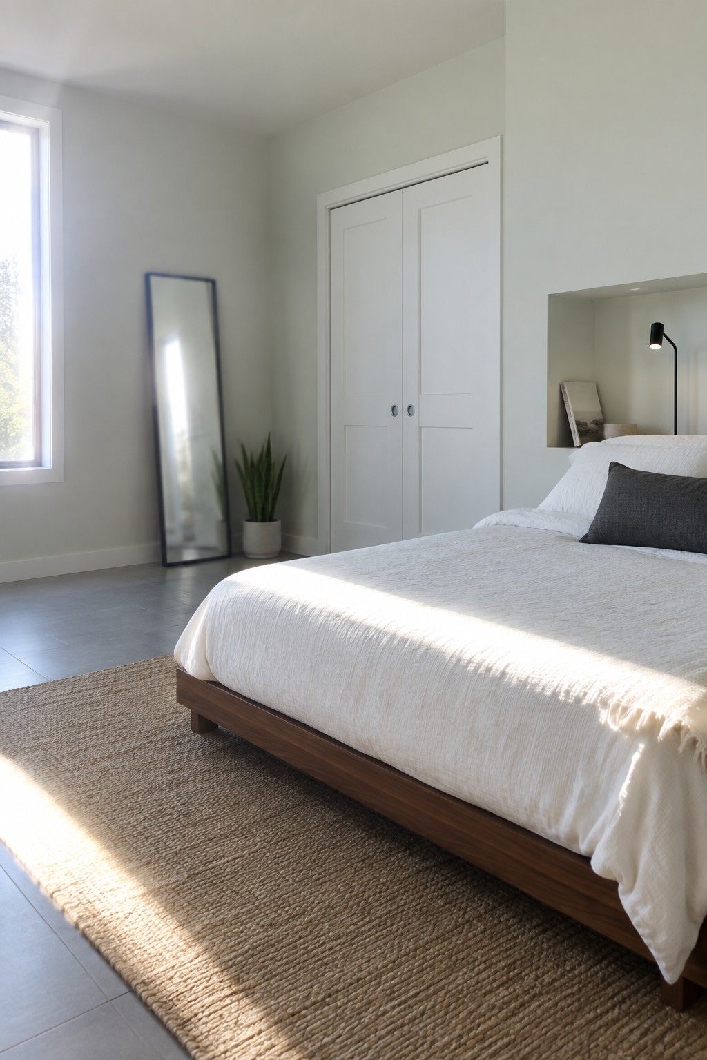 Sunlit minimalist bedroom with white bed on dark wood frame and woven rug