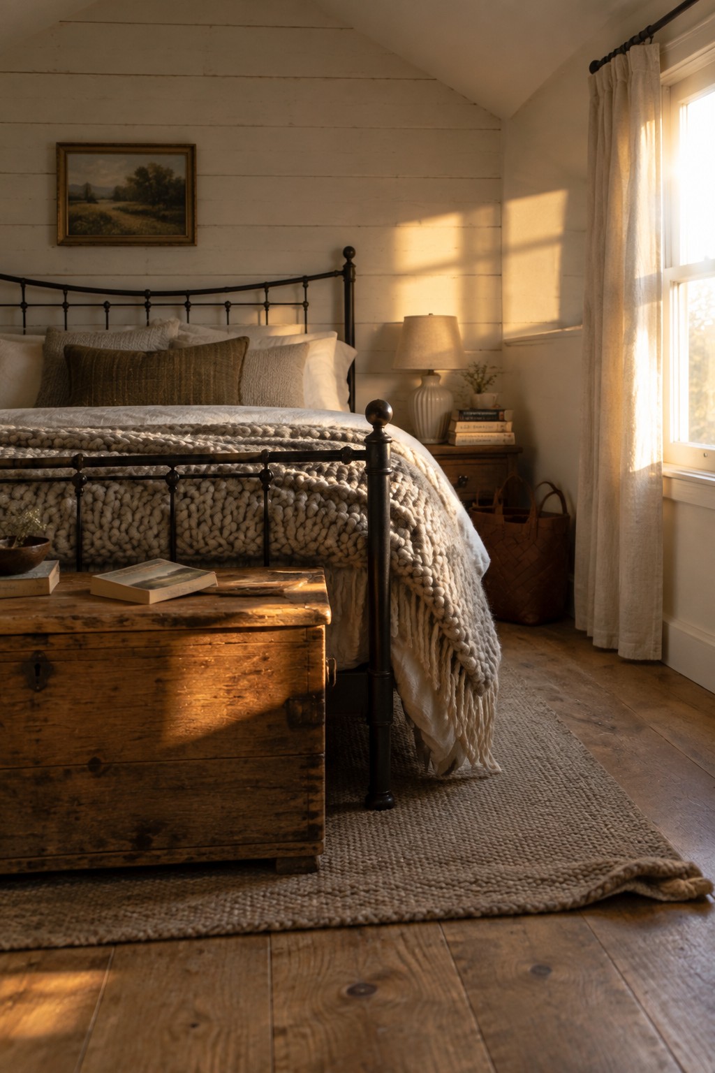 Cozy bedroom with black iron bed, chunky knit blanket, wooden chest, and sunlit window
